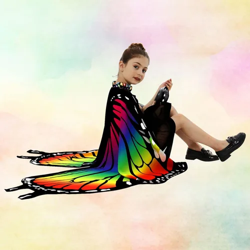 Vista 5 de Tibeha Disfraz de mariposa para niñas Capa de Halloween con alas de impresión de doble cara con máscara, diadema de antena, pinzas para el cabello