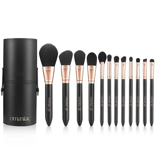 Vista 8 de OMANIAC Juego de brochas de maquillaje profesional, 12 brochas de maquillaje con mango de madera nacarada, pelo de fibra sintética sin crueldad