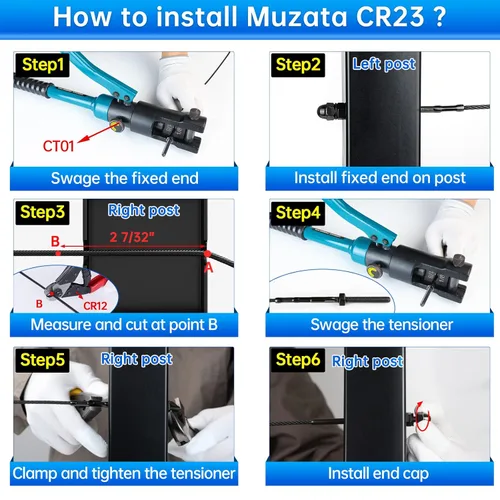 Vista 4 de Muzata Paquete de 10 accesorios de barandilla de cable negro de 1/8 pulgadas, tensor roscado a mano para poste de metal de 2 x 2 pulgadas, sistema