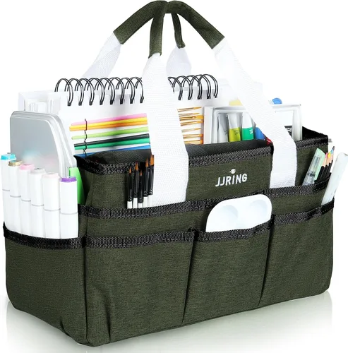 Vista 26 de JJRING Craft Organizer Tote Bag, Art Storage Caddy with Multiple Pockets, Beige Sewing Bag for Art, Craft, Scrapbooking, School, Medical, and Office