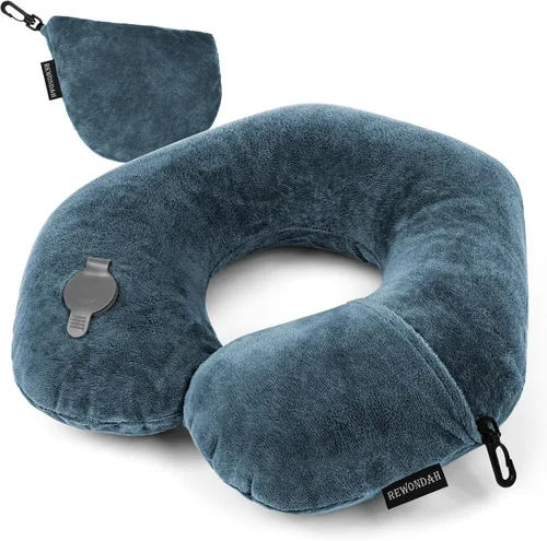 Vista 12 de Rewondah Almohada inflable de viaje para avión dormido, almohada inflable para el cuello para viajar en avión con funda lavable, almohada de viaje