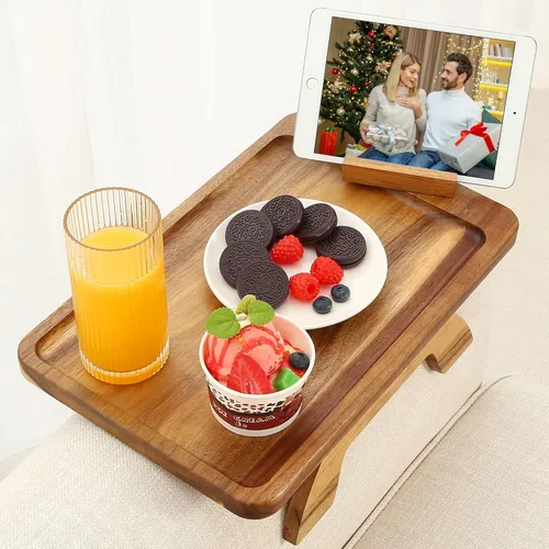 Mesa de madera de acacia con reposabrazos, mesa de sofá para sala de estar, bandeja para reposabrazos de sofá con soporte giratorio para teléfono,