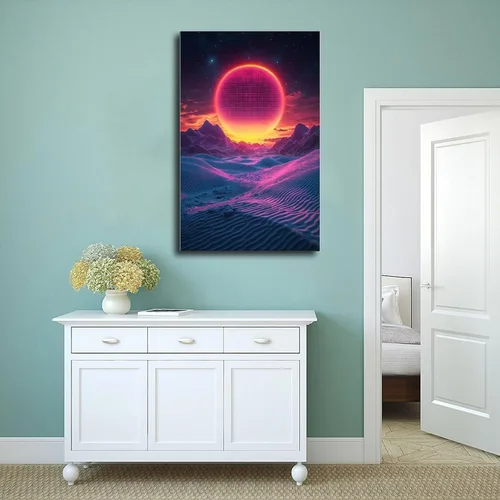 Vista 4 de Synthwave Wall Art Print – Neon Retro Sunset with Minimal Moon, Perfect for Office Or Studio Decor Poster Print Decorative Painting Canvas Wall Art
