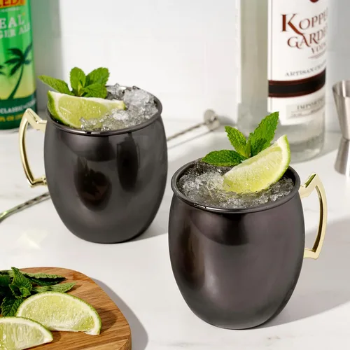 Vista 5 de True Moscow Mule - Taza de acero inoxidable, tazas de cobre para mulas de Moscú, accesorios de carrito de barra de cobre, 16 onzas, juego de 2