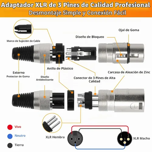 Vista 2 de Paquete de 12 conectores de cable XLR de 3 pines, carcasa de aleación de zinc (6 machos y 6 hembras), adaptador de enchufe de serpiente de línea