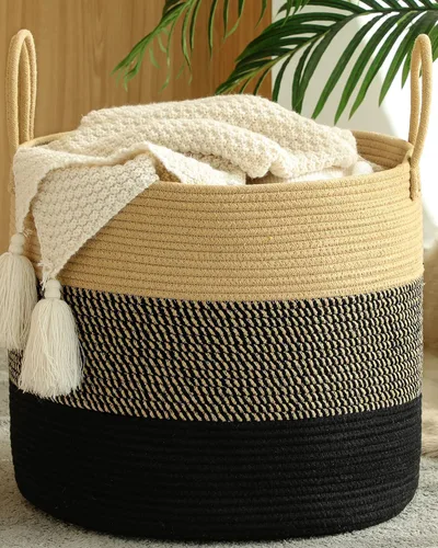 Vista 10 de KAKAMAY Cesta grande para manta (18 x 18 x 16 pulgadas), cesta tejida para ropa sucia para bebé, cestas de cuerda de algodón para guardería, Blanco
