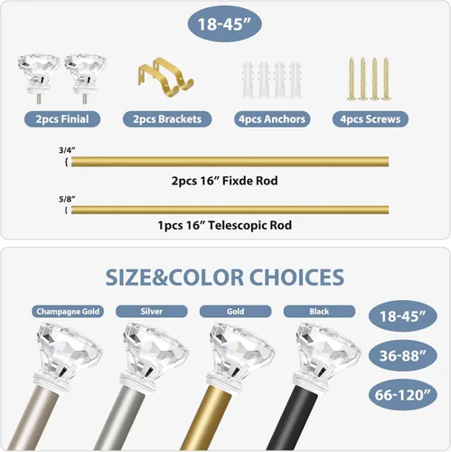 Vista 8 de TVWOO Barras de Cortina de Cristal Decorativas Doradas de 18 a 45 Pulgadas: Barras de Cortinas de Ventana Ajustables de Servicio Pesado para Sala
