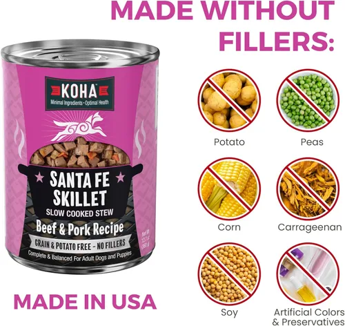 Vista 4 de KOHA Santa Fe - Estofado de sartén para perros con carne de res y cerdo, comida húmeda para perros con alto contenido de proteínas, latas de 12.7
