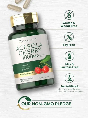 Vista 5 de Carlyle Cápsulas de cereza de acerola 150 unidades Extracto sin OMG y sin gluten Baya de acerola