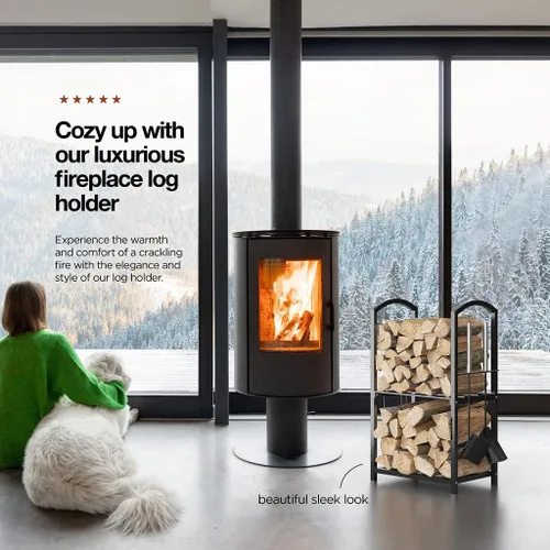 Vista 7 de HOME IT Soporte para leña interior y exterior - Soporte de leña de 2 niveles con juego de herramientas para chimenea, cepillo, pala, tenedor, pinzas