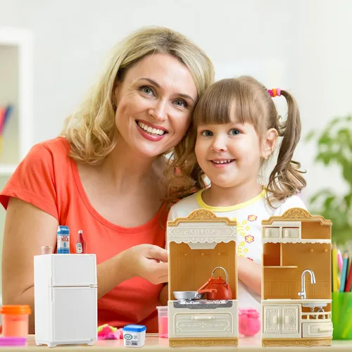 Vista 7 de Juego de 43 piezas de muebles de casa de muñecas, juego de cocina, refrigerador en miniatura con mini ollas y sartenes para comida, accesorios