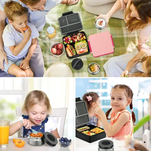 Vista 7 de Lonchera Bento para niños con termo de sopa de 8 onzas, recipientes de almuerzo a prueba de fugas con 4 compartimentos, tarro térmico para alimentos