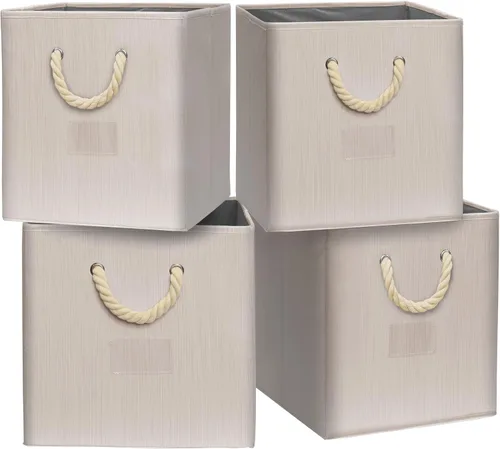 Vista 11 de SIMPLE HOUSEWARE Cubo de almacenamiento de 13 pulgadas con asas trenzadas, paquete de 3, color beige