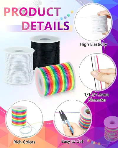 Vista 3 de FIVEIZERO 2 Rollos de Cuerda Elástica Negra para Pulseras Total 330 Pies, Cordón Elástico de 1mm, 1.2mm, 1.5mm para Enhebrar con Aguja
