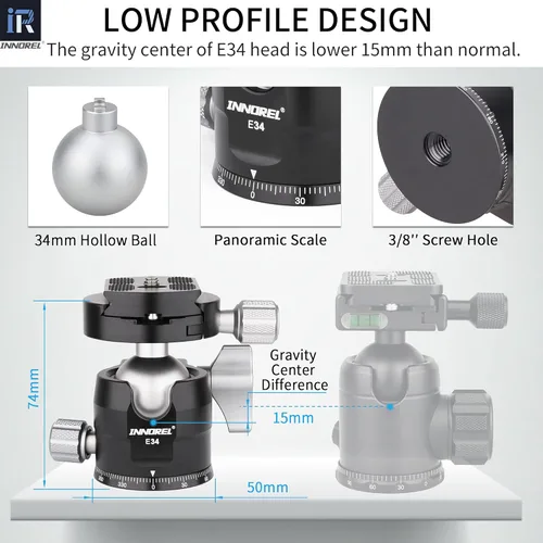 Vista 3 de Cabeza de bola de trípode de perfil bajo, cabeza de bola INNOREL panorámica de metal CNC de 360 ° con placa de liberación rápida universal Arca