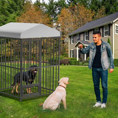 Vista 9 de Perrera para perros grandes, 4 x 4 x 6 pies, perrera grande exterior con cerradura, recintos para perros con cubierta impermeable resistente a