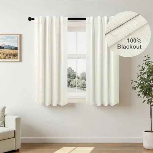 Vista 2 de Pitalk Cortinas cortas 100% opacas de lino para cafetería, 40 pulgadas de largo, 2 paneles, cortinas de puerta francesa para ventana, cortina
