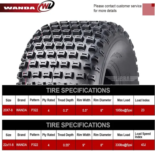 Vista 3 de WANDA Juego de 4 neumáticos UTV ATV 20x7-8 y 22x11-8 4PR aptos para Honda TRX125/200SX Odyssey FL250