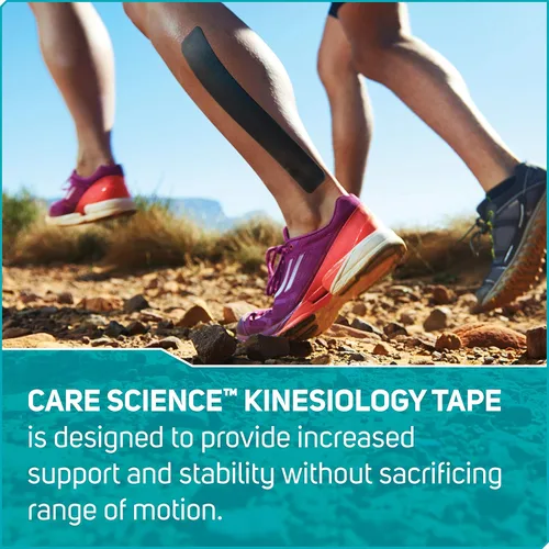 Vista 3 de Cinta de kinesiología impermeable de Care Science, 40 tiras precortadas (2 rollos), negra Cinta elástica para deportes y levantamiento de pesas