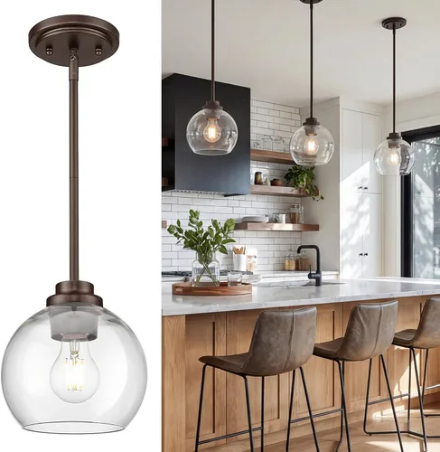 Vista 10 de Luces Colgantes para Isla de Cocina, Lámpara Colgante Moderna Dorada con Pantalla de Globo de Vidrio Transparente, Accesorios de Iluminación