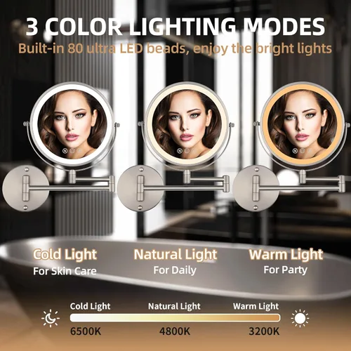 Vista 2 de Espejo de maquillaje iluminado de pared de 9 pulgadas con aumento, espejo de aumento 1X10X con luz, LED de 3 colores regulables de 2000 mAh