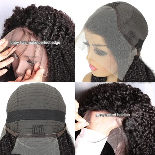Vista 3 de Peluca de cabello humano Kinkycurly de 13 x 4 con encaje frontal, pelucas de cabello humano de densidad 180 sin pegamento, pelucas prearrancadas