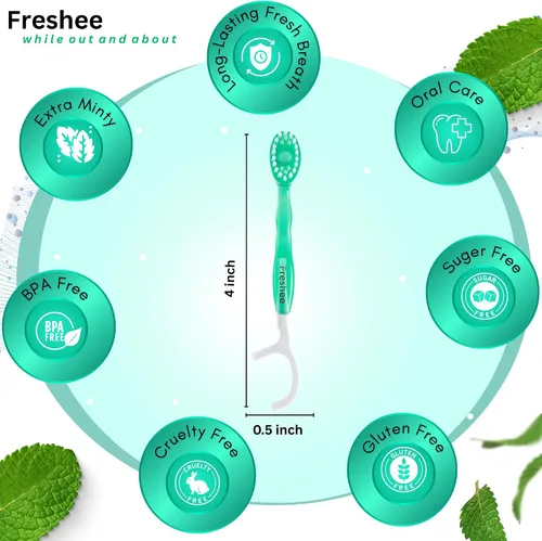 Vista 4 de Freshee Bead - Mini cepillo de dientes desechable 5 en 1 con perla de pasta de dientes + hilo dental + palillo + raspador de lengua