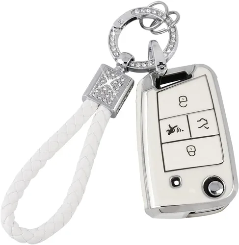 Vista 25 de PIFOOG Funda para llavero de TPU con cadena de llaves brillante, fundas de protección de botones para llaves de entrada sin llave, blanco plateado