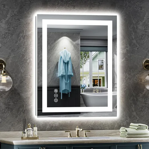 Vista 52 de Briivue Espejo de baño LED de 20 x 28 pulgadas con luces, retroiluminado y frontal iluminado, espejo de tocador de baño con luz antiniebla
