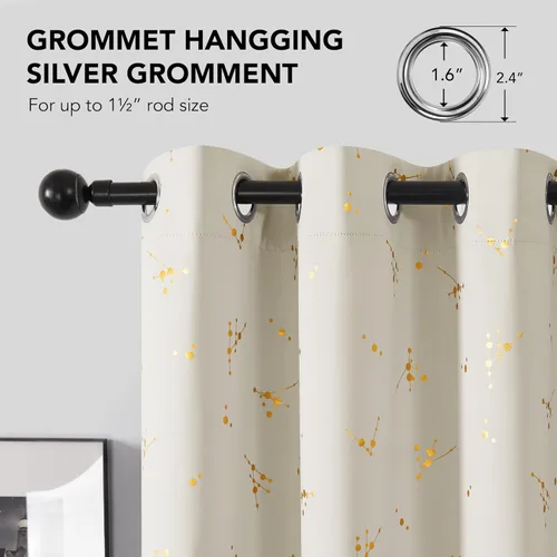 Vista 6 de Deconovo Cortinas opacas, estampado de lámina dorada, aislamiento térmico, cortinas con ojales que reducen el ruido para dormitorio y sala de estar