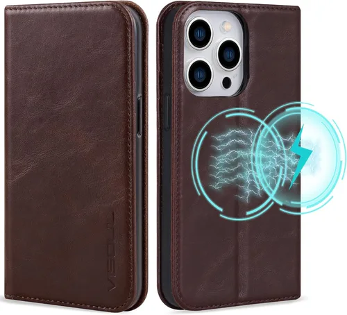 Vista 16 de VISOUL Funda de cuero para iPhone 15 Pro Max, funda tipo cartera de piel auténtica con ranuras para tarjetas, función atril, a prueba de golpes