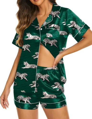 Vista 8 de Ekouaer Pijamas de seda para mujer, ropa de dormir de manga corta, suave, con botones, ropa de descanso, 2 piezas, pijama de satén, conjunto