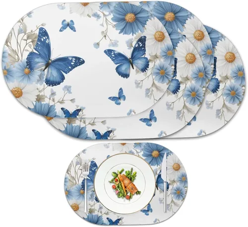 Vista 26 de Blue Flower Dining Table Mats Set of 2 Hummingbird Heat Resistant Placemats Washable and Wipeable Non Slip Place Mat, Waterproof Modern Dining Table