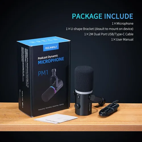 Vista 9 de FEELWORLD PM1 XLR - Micrófono dinámico USB para grabación de podcasts, PC, juegos de computadora, transmisión en vivo, voz en off, micrófono