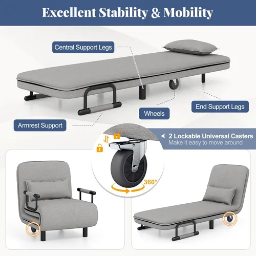 Vista 13 de GORELAX Cama convertible con sofá cama triple 3 en 1 con almohada, diván plegable de ocio con respaldo ajustable de 5 ángulos, cama perezosa Azul
