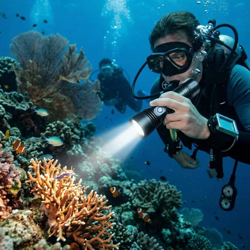 Vista 9 de Linterna de buceo de buceo de 2000 lúmenes impermeable submarino XM-L2 LED submarino luces titular con cargador para bajo el agua cueva de mar