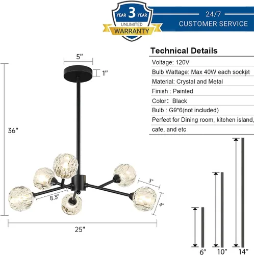 Vista 4 de Weesalife Sputnik - Candelabros para comedor sobre mesa, modernos candelabros de cristal, 6 luces negras para sala de estar, dormitorio, isla