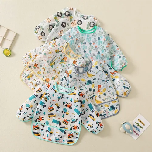 Vista 2 de Paquete de 5 baberos de manga larga, baberos impermeables para bebés de 6 a 30 meses, reutilizables, con bolsillo para todo