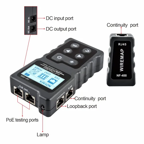 Vista 7 de NOYAFA NF-488 - Probador de cable POE para alimentación sobre Ethernet, comprobación de continuidad de cable de red, detector de bucle invertido POE