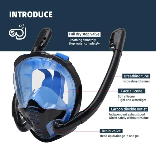 Vista 3 de Máscara de esnórquel, máscara de buceo de cara completa, separación de respiración de doble tubo, antiniebla antifugas, ultra gran angular de 180