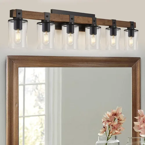 Vista 12 de DUJAHMLAND Lámpara de tocador de granja, lámpara de pared de madera de baño de 3 luces sobre espejo con pantalla de vidrio transparente, iluminación