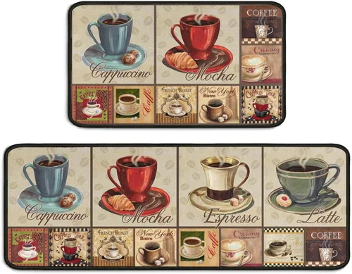 Vista 13 de Juego de 2 alfombras decorativas de café, antideslizantes, lavables, absorbentes, de microfibra para el suelo de la cocina, de 17"x47" + 17"x30