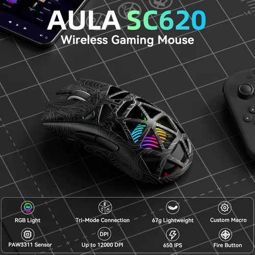 Vista 2 de Aula SC620 - Ratón inalámbrico para juegos, triple modo de 2.4 GHz/USB-C/BT5.3 con 12000 DPI, mouse macro gamer programable con llave de fuego
