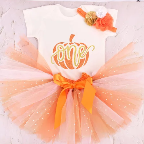 Vista 7 de Gouldianfinch Conjunto de 1er cumpleaños para bebés y niñas, mameluco de calabaza con falda tutú con diadema