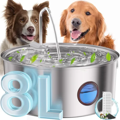 Dog Water Fountain for Large Dogs- 270oz/8L Stainless Steel Dog Water Bowl Dispenser Automatic Pet Water Fountain with Ultra-Quiet Pump/Quadruple