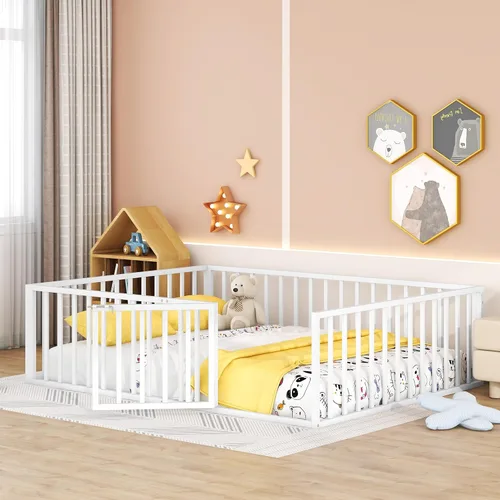 Vista 3 de Harper & Bright Designs Base de cama de metal Queen con rieles, cama Montessori Queen con valla y puerta, para niños y niñas (tamaño Queen, blanco)