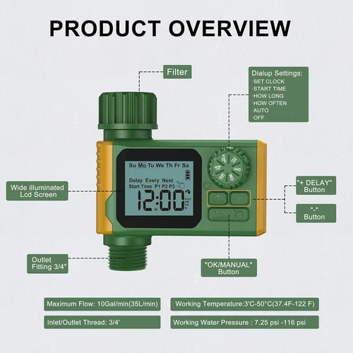 Vista 4 de Temporizador de manguera de jardín programable automático, temporizador digital de agua con pantalla LCD, retardo de lluvia y modos manuales