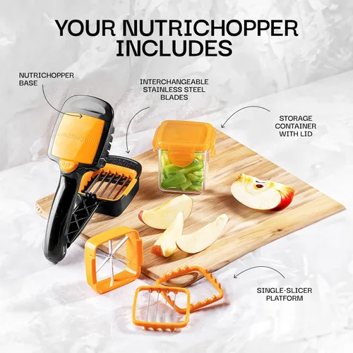Vista 4 de Nutrichopper con recipiente de conservación de alimentos; pica, rebanada, cubos, cuñas; picador de alimentos multiusos con cuchillas de acero