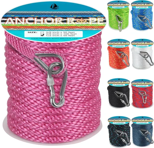 Vista 37 de Cuerda de anclaje de 1/2 pulgada y 50 pies, cuerda de anclaje para barco, trenza sólida MFP, línea de anclaje con dedal de acero inoxidable 316