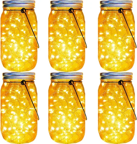 Luces solares para tarro de masón, 30 LED, paquete de 6 luces colgantes de cristal de gran tamaño, faroles solares para decoración de jardín al aire